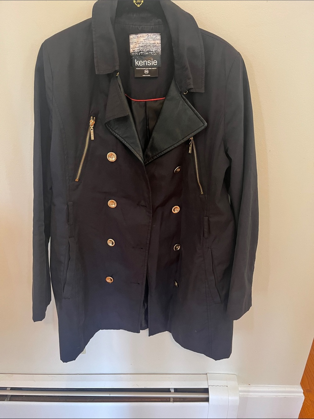 Kensie Black Double-Breasted Pea Coat with Gold Buttons, missing belt